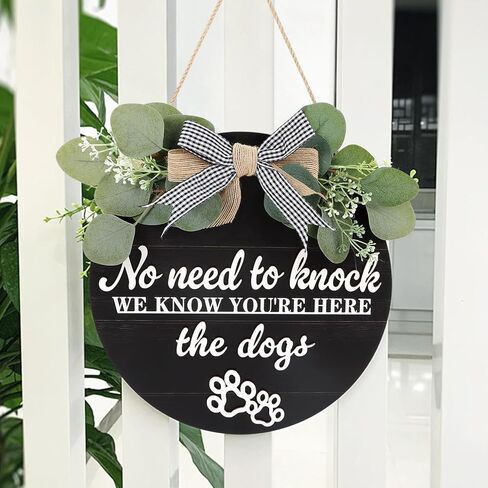 3D مضحك الباب الأمامي علامة الكلب معلقة مع إكليل عقدة القوس، لا حاجة لطرق نحن نعلم أنك هنا لوحة علامة الخشب، لطيف الكفوف الكلب الديكور المنزلي لمحبي الحيوانات الأليفة هدية المالك in Kuwait