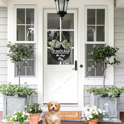3D مضحك الباب الأمامي علامة الكلب معلقة مع إكليل عقدة القوس، لا حاجة لطرق نحن نعلم أنك هنا لوحة علامة الخشب، لطيف الكفوف الكلب الديكور المنزلي لمحبي الحيوانات الأليفة هدية المالك in Kuwait