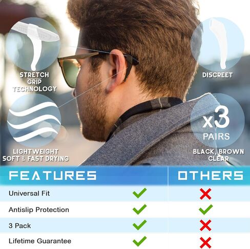 3 Pack - Sunglasses Retainer Anti-Slip Glasses Grip Ear Hook Eyeglasses Anti-Slip Temple Tip Glasses Holder (Black) in Saudi Arabia