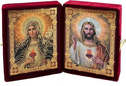 القلب المقدس ليسوع ومريم الكاثوليكية أيقونة Diptych في علبة مخملية باللون العنابي، مقاس 3 1/4 بوصة، هدية دينية بأيقونات من رقائق الذهب in Saudi Arabia