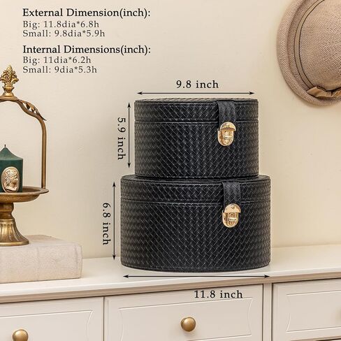 مجموعة صناديق تزيين جلدية كبيرة مكونة من 2 صندوق قبعة مستديرة سلة بن مع غطاء لرف طاولة القهوة تخزين أجهزة التحكم عن بعد ديكور المنزل الحديث in Kuwait