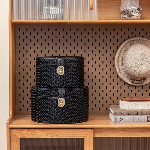 مجموعة صناديق تزيين جلدية كبيرة مكونة من 2 صندوق قبعة مستديرة سلة بن مع غطاء لرف طاولة القهوة تخزين أجهزة التحكم عن بعد ديكور المنزل الحديث in Kuwait