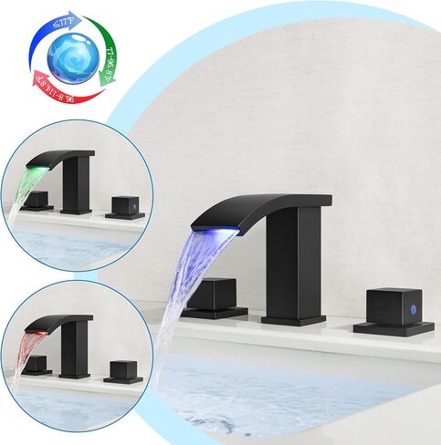 Waterfall Bathroom Faucet Widespread 3 Hole Two Handle Vanity Sink Faucet 8 Inch LED Lavatory Faucet, SKOWLL Brushed Nickel in Saudi Arabia