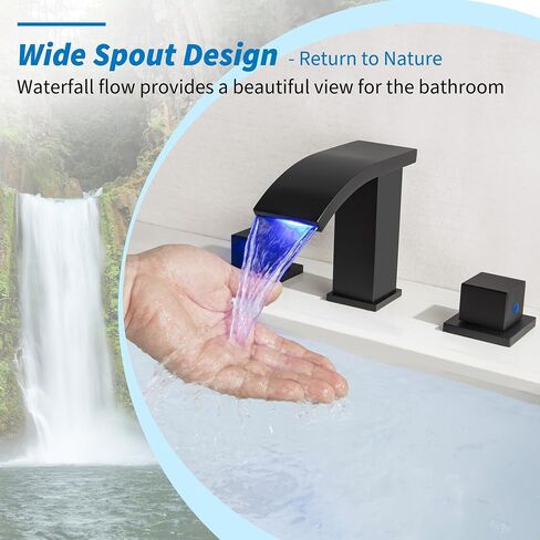 Waterfall Bathroom Faucet Widespread 3 Hole Two Handle Vanity Sink Faucet 8 Inch LED Lavatory Faucet, SKOWLL Brushed Nickel in Saudi Arabia
