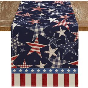 ARKENY 4th of July Memorial Day Table Runner 13x72 Inches, Star American Flag Holiday Farmhouse Burlap Indoor Kitchen Dining Patriotic Independence Table Decor for Home Party AT620-72