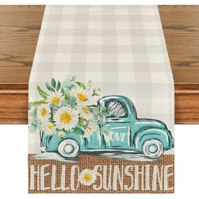 Artoid Mode Buffalo Plaid Truck Daisy Hello Sunshine Summer Table Runner, Spring Kitchen Dining Table Decoration for Home Party Decor 13x36 Inch