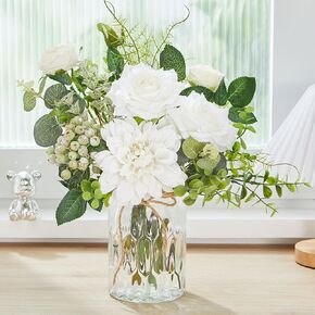 Serwalin Artificial Eucalyptus Stems in Glass Vase, 15" Fake Plant Eucalyptus Leaves White Daisy for Home Office Farmhouse Wedding Centerpiece Coffee Table Decor Greenery Stems Decor(Grey Green)