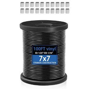 Wire Rope 304 Stainless Steel Wire Cable Black Vinyl Coated, Hanging Wire Outdoor Light Guide Wire, Suitable for String Lights, Clotheslines, 1/25 Inch Overmolded to 2/25 Inch 100ft