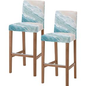 Coastal Bar Stool Covers, Summer Beach Blue Teal Coral Stretch Dining Chair Covers Set of 4, Nautical Starfish Bar Chair Covers Removable Counter Stool Pub Chair Slipcovers Protectors for Kitchen/Cafe