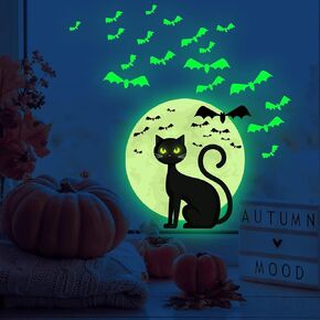 Halloween Glow in The Dark Wall Stickers Luminous Window Decals Halloween Window Stickers Cat Bat Window Clings Halloween Window Glowing Decals Wall Decor Stickers Halloween Party Supplies Decorations