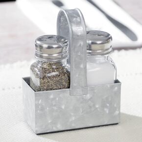 Farmhouse Salt and Pepper Shaker Set with Premium Padded Caddy, Galvanized Metal and Glass - Rustic Vintage Restaurant and Kitchen Table Decor by Walford Home