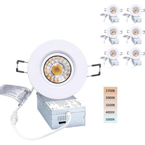 Canless Recessed Gimbal Downlight Rotatable-spotlight 5 CCT 3 Inch Eyeball Ceilling Potlight, Dimmable Recessed Lights Fixture with Junction Box, 8W CCT Adjustable, Black Round Trim, 6 Pack
