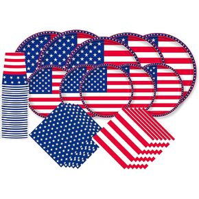 Gatherfun American Flag Patriotic Party Supplies Disposable Napkins and Paper Plates for Veterans Day Election Day 4th of July Independence Day Decorations, Serve 50