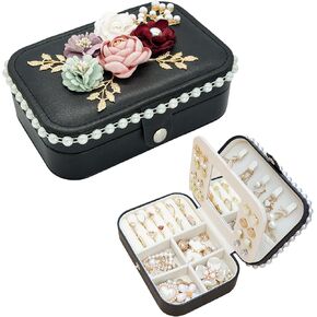 Wonhibo Cute Travel Small Jewelry Case Box with Mirror for Girls Women, Black Luxury Flower Necklace Ring Earrings Organizer