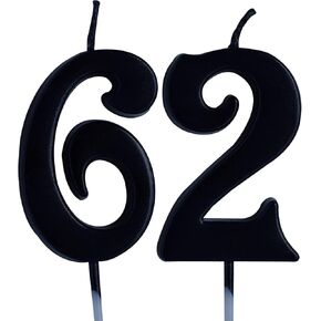 Black 62nd Birthday Candle, Number 62 Years Old Candles Cake Topper, Woman Or Man Party Decorations, Supplies