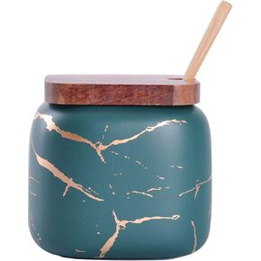 VanEnjoy Decorative Marble Inlay Glaze Ceramic Sugar Spice Containers Porcelain Jar with Bamboo Lid and Spoon Condiment Jar for Home