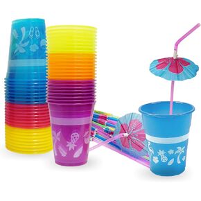 4E's Novelty Tropical Party Cups with Parasol Straws - Disposable Plastic Cups 16oz BPA free, for Hawaiian Luau Party and Pool Parties, Beach Theme Birthday Decorations for Kids & Adults - Pack of 48