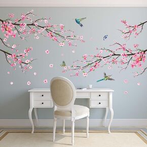Pink Watercolor Cherry Blossom Wall Stickers - Tree Branch Flower Birds Wall Decals - Bedroom Living Room Sofa TV Background Home Wall Decor
