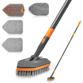 Shower Cleaner Brush, Tub Tile Scrubber with Telescopic Long Handle 56 inches, 4 Scrub Heads for Cleaning Bathroom Bathtub Floor Baseboard Sink Kitchen Toilet