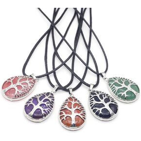 6 Pcs Natural Stone Necklace Water Drop Shape Chakra Healing Crystal Agate Pendants Life Tree Shield Long Cord for Jewelry Decoration