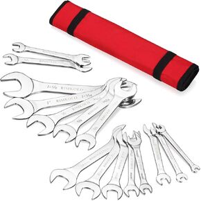 Super-Thin Open End Wrench Set, 8-Piece Metric 5.5mm to 27mm Chrome Vanadium Steel Wrench Set with Rolling Pouch