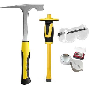 4pcs Geology Rock Pick Hammer Kit, Geology Hammer Tools, 32oz Rock Hammer & Chisels with jewelers loupe,goggles. Tool Set for Rock Hounding, Hounding,Gold Mining & Prospecting, Stone Breaking