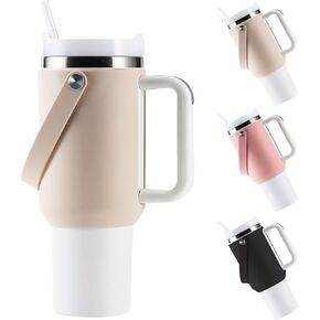 Compatible for Stanley 40 OZ Tumbler Accessories - Silicone Water Bottle Handle，Holder，Carrier with Strap - Soft Durable Silicone Water Bottle Sleeve for Stanley Cup 40OZ Tumbler with Handle (Beige)