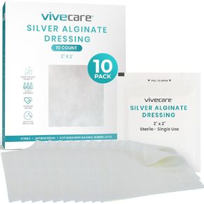 ضمادة جروح ألجينات الكالسيوم الفضية من ViveCare - وسادة شاش طبية معقمة 4 × 4 - العناية بالجروح للحروق والخراجات وعلاج القرحة - رقعة فردية عالية الامتصاص - بطانة غير لاصقة