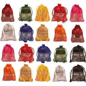 Touchstone Drawstring Bags Traditional Indian Handcrafted in Elephant Pattern Brocade fabric. Perfect for Gifts Jewelry Weddings Sweet Distribution Set of 20 Vibrant Multicolor Pouches Purses Potli