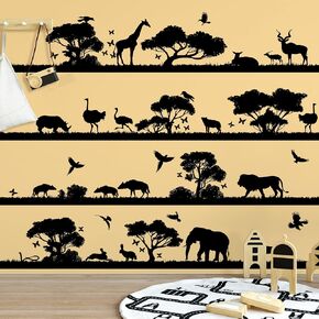 RW-1041 3D Jungle Animals Wall Decals Black Vinyl Wild Safari Tree Wall Stickers DIY Removable Tropical Elephant Lion Birds Giraffe Grass Decor for Kids Teens Bedroom Living Room Nursery Decoration
