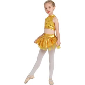 IBAKOM Girls Sequins Dance Outfits Halter Metallic Crop Top Camisole Tutu Skirt Hip Hop Clothes Kids Jazz Dance Costume