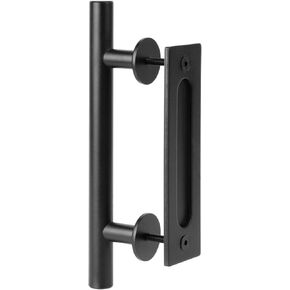 10" Heavy Duty Sliding Barn Door Handle Pull and Flush Door Handle Hardware Set, Solid Rustic Barn Door Pull Kit with Two-Side Design and Black Finish, Round