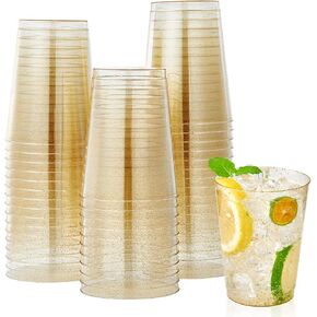100 Pack 10 oz Gold Glitter Plastic Party Cups, Disposable Plastic Cups Tumblers, Gold Plastic Drinking Cups with Glitter Perfect for Wedding, Thanksgiving Day, Christmas Halloween Party Cups
