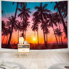 Bzhilja Tropical Tapestry, Sunset Beach Ocean with Palm Tree Silhouette Fantasy Twilight Art Wall Hanging for Bedroom, Seaside Landscape Art Tapestries Bedroom Living Room Dorm Decor,60x40