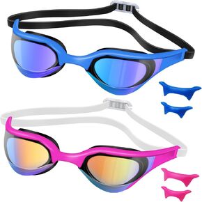 2 Pack Adults Swim Goggles with Nose Pads, Triathlon Swimming Goggles No Leaking Anti-Fog for Men Women Youth