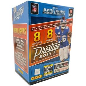 صندوق Panini Prestige NFL Football BLASTER لعام 2021 (64 بطاقة/bx) ابحث عن بطاقات Blaster الحصرية الماسية المتوازية والتذكارات