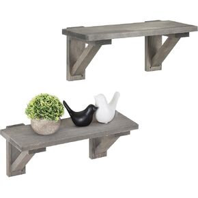 MyGift Rustic Gray Wood Floating Shelves with Wooden Brackets, Hanging Wall Display Shelf for Living Room, 17 Inch, Set of 2