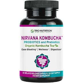 TRIO NUTRITION Nirvana Kombucha | Billions of Multi-Strain Probiotics, Prebiotic & Organic Kombucha Tea | Detox & Cleanse | Eases Bloating, Digestive & Immune Support | Supports PH Balance*