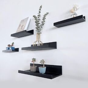 Black Floating Shelves | Set of 5 | Wall Shelf | Wood Bathroom Shelves | Bedroom | Living Room | Kitchen | Office & More (Black)