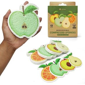 Biodegradable Cellulose Compressed Sponges - Pack of 12 Fruit Shaped Kitchen Sponges for Cleaning - Heavy Duty and Natural Household Cleaning Sponges Good for Kitchen, Bathroom, and Surfaces