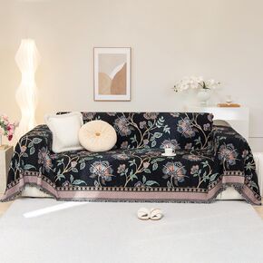 Boho Black Jacquard Couch Cover for 3-4 Cushion Couch, Floral Print Decorative Sofa Slipcover for Dogs, Washable 1 Piece Non Slip Furniture Cover, Multi-Use Blankets (XXLarge, 71" x 150")