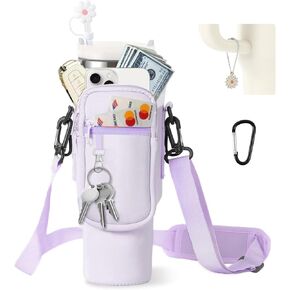 Water Bottle Carrier Bag for Stanley 40/30 oz Tumbler With Handle,Orchid Water Bottle Holder Pouch With Phone Pocket & Adjustable Strap With Metal Charm Straw Cover and Carabiner for Stanley Cup