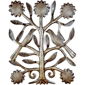It's Cactus Small Metal Tree of Life, Love Birds Decorative Plaque, Wall Hanging Haitian Metal Art, H Oil Drum 10.5 x 13.5 Inches Handmade