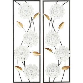 Deco 79 Metal Floral Home Wall Decor Dimensional Floating Wall Sculpture with Black and Gold Accents, Set of 2 Wall Art 12" W, 36" H, White