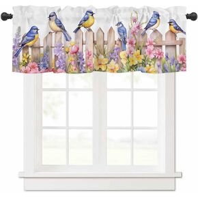 Curtain Valance 42" x 12", Spring Floral Window Valances Rod Pocket Curtains Drapes, Summer Birds Botanical Fence Short Topper Curtain for Kitchen Cafe Living Room, 1 Panel