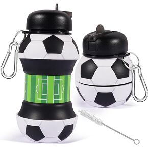 Collapsible Water Bottle for Boys Men 19oz 550ml Silicone Foldable Bpa Free Leakproof Sports Water Jugs for School Sports Travel with Flip Spout Christmas Birthday Gifts, Black & White Soccer Style
