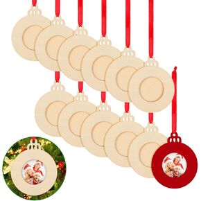 Queekay 12 Pieces Christmas Ball Picture Ornament Bulk Unfinished Wood Christmas Photo Frame Ornaments Wooden Christmas Hanging Ornaments for Christmas Tree Picture Frame Presents Stockings Decoration