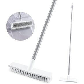 Floor Scrub Brush with Long Handle 54''- Stiff Bristle 2 in 1 Shower Scrubber with Squeegee Cleans Kitchen, Wall, Tile, Grout, Tub and Carpet, Brush Broom Scrubbing Garage, Patio Deck