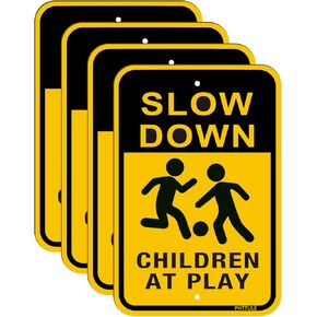 Slow Down Children at Play Sign 4-Pack, 18" x 12" Kids Play Child Safety Caution Signs for Street 040 Heavy Duty Rust Free Aluminum