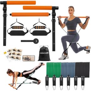 Hommie Portable Pilates Bar Kit with Resistance Bands for Men and Women, Upgraded 3 Section Pilates Bar with Resistance Bands (20/40/50lb) for Home Gym Equipment Supports Full-Body